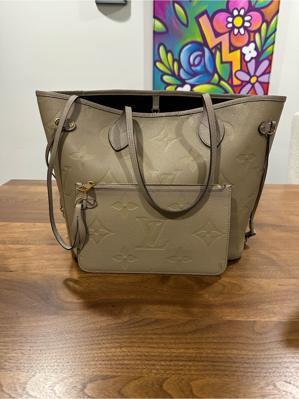 Louis Vuitton Turtledove Monogram Empreinte Neverfull MM Tote with Pouch
